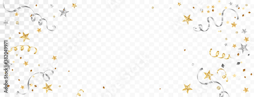 Celebration background with ribbons isolated. Falling confetti, holiday border. Gold and silver stars decoration. For Christmas, New Year banners, birthday or wedding invitations, party flyers.