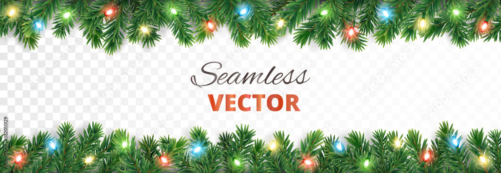 Seamless holiday decoration. Christmas tree border with lights garland. Festive frame isolated on white. Celebration vector background. For winter season banners, New Year headers, party posters.