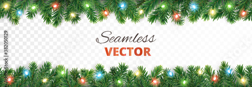 Seamless holiday decoration. Christmas tree border with lights garland. Festive frame isolated on white. Celebration vector background. For winter season banners, New Year headers, party posters.