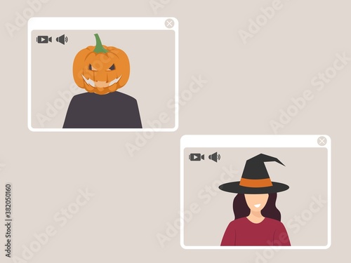 Video call conference, working from home, social distancing, Online Halloween party concept, people in different costumes connecting and discussing together on video call, flat vector illustration.