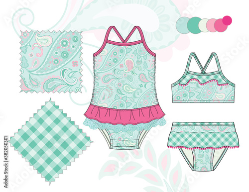 Baby_Toddler_Girl_Swimsuit_illustration_Paisley_Floral_Geometric_Patterns_Pink_Turquoise_Background