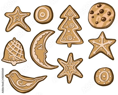  alphabet holidays ginger cookie isolated. Merry Christmas and Happy New Year figures cover by icing-sugar.