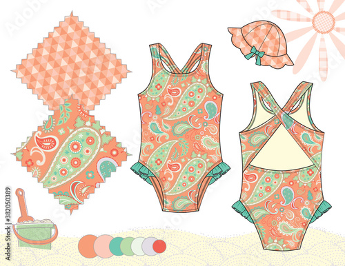 Baby_Toddler_Girl_Swimsuit_illustration_Paisley_Floral_Geometric_Patterns_Peach_Turquoise_Background