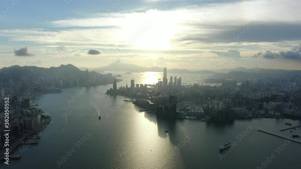 Hong Kong skyline at Sunrise, High altitude wide aerial shot. Hong Kong skyline at Sunrise, High altitude wide aerial shot.