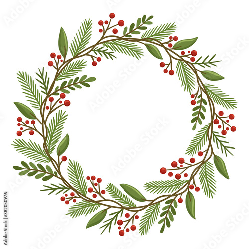 Winter wreath with red berries and pine twigs. Modern design for Holidays invitation card, poster, banner, greeting card, postcard, packaging, print. Vector illustration.