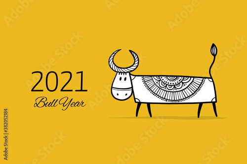 Funny sketch bull. Lunar horoscope sign. Happy new year 2021. Bull, ox, cow. ...