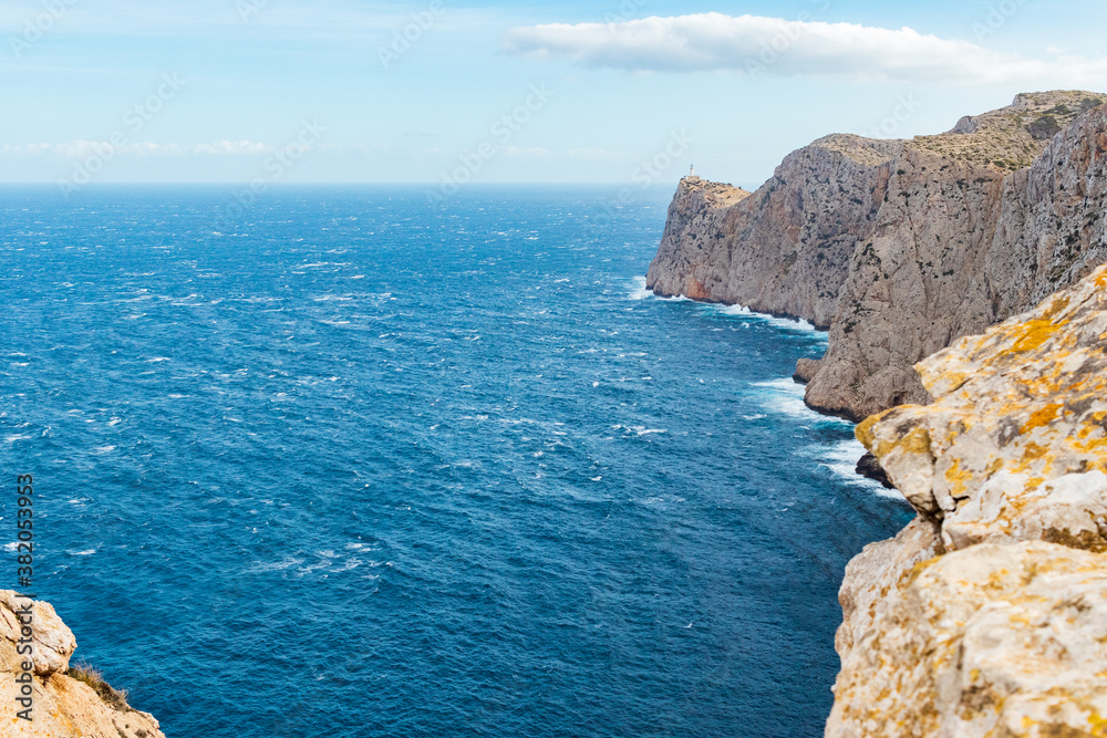 Fototapeta premium Beautiful view over the water and mountains of Mirador Es Colomer, Cap de Formentor, Palma de Mallorca, Balearic Islands, Spain
