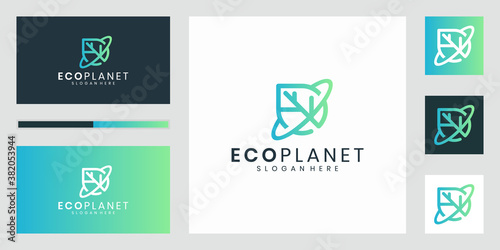 Planet and leaf, eco green energy, outline linear icon.