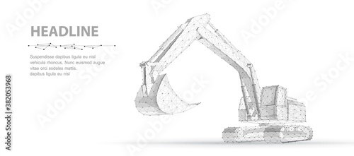 Excavator. Abstract polygonal wireframe vector 3d excavator isolated on white background. photo