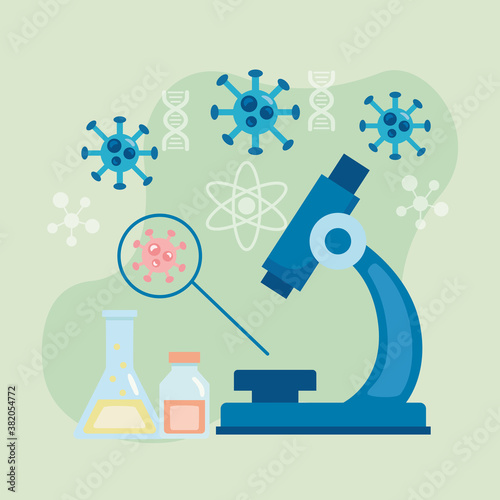 microscope laboratory tool with covid19 particles vaccine research