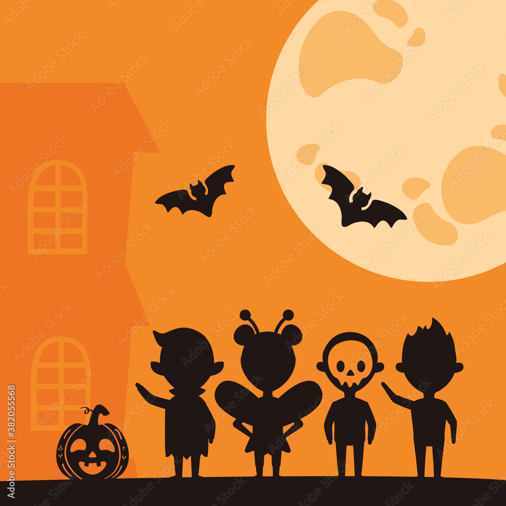 silhouette of little kids with halloween costumes characters and bats at night