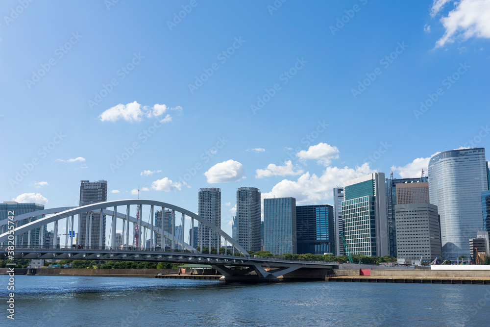 東京隅田川に架かる築地大橋の風景