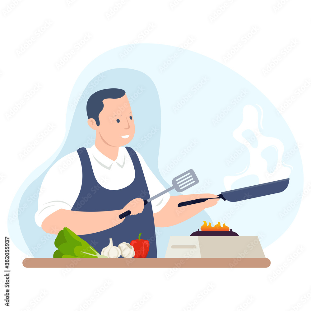 A professional chef is cooking a special menu for the customer A professional chef is cooking a special menu for the customer