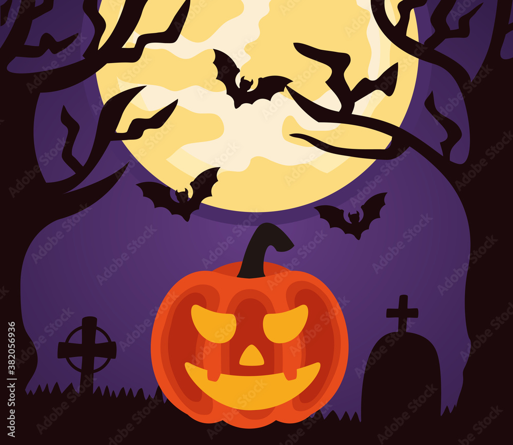 happy halloween celebration with pumpkin and bats flying in cemetery