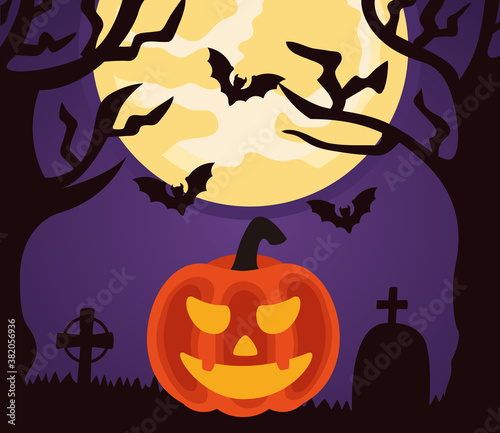 happy halloween celebration with pumpkin and bats flying in cemetery