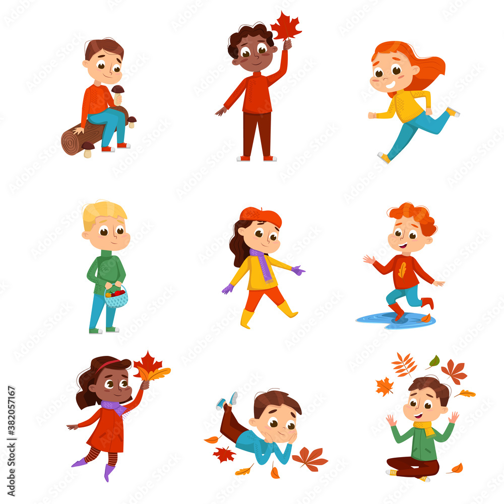 Cute Kids Walking Outdoors Wearing Warm Clothes Set, Autumn Season Outdoor Activities Cartoon Style Vector Illustration Cute Kids Walking Outdoors Wearing Warm Clothes Set, Autumn Season Outdoor Activities Cartoon Style Vector Illustration