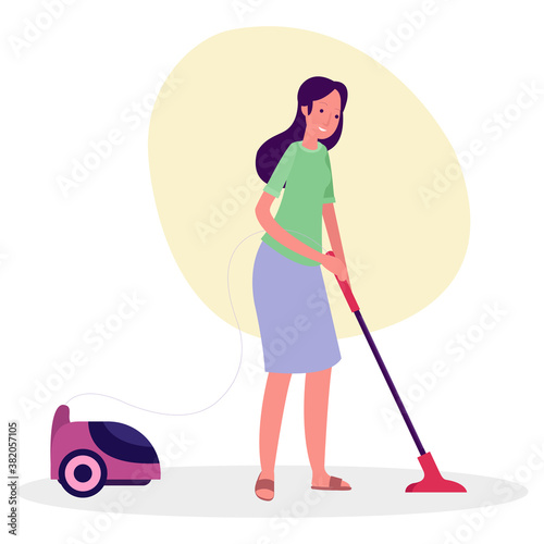 Illustration of a maid was dusting a house yard