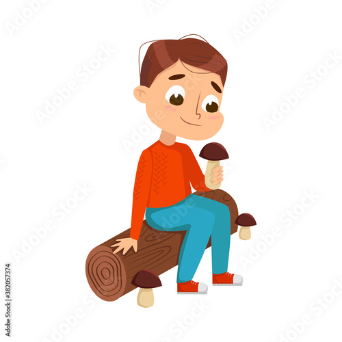Cute Boy Picking Mushrooms in Forest, Autumn Season Outdoor Activity Cartoon Style Vector Illustration