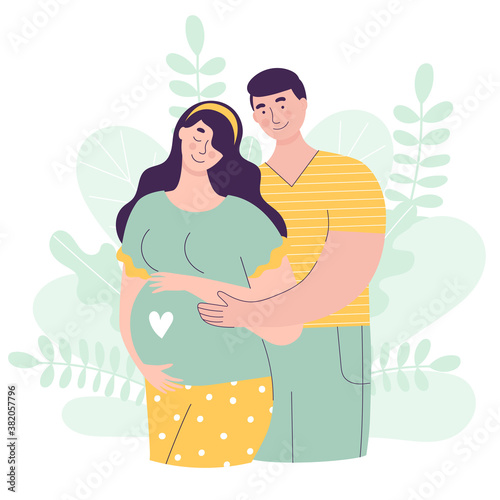 Beautiful couple in anticipation of a baby. Pregnant woman, husband and wife, family, parents. Happy pregnancy concept, fertilization, conception. Flat vector illustration with cute characters