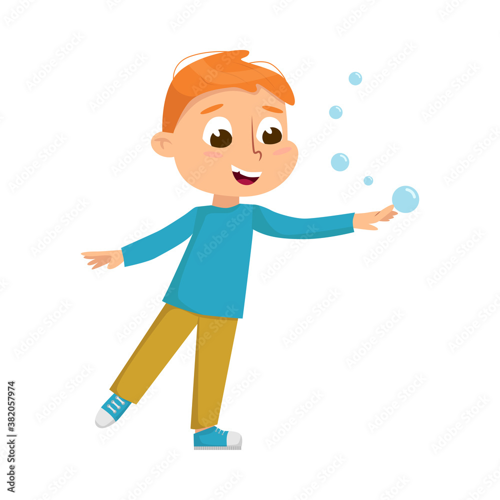 Cute Boy Blowing Soap Bubbles Through Wand, Kids Leisure, Outdoor Hobby Game Cartoon Style Vector Illustration