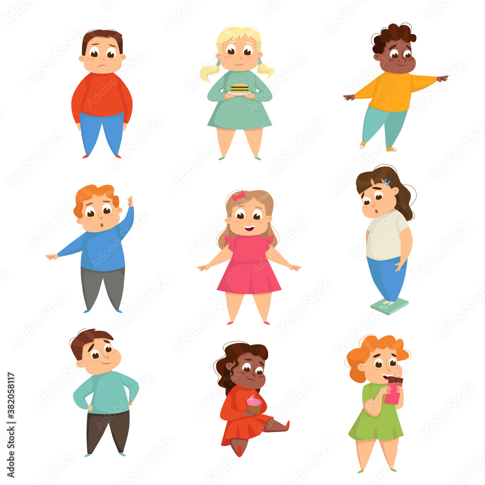 Overweight Girls and Boys, Cheerful Plump Kids Doing Sports Exercises and Eating Fast Food Cartoon Style Vector Illustration