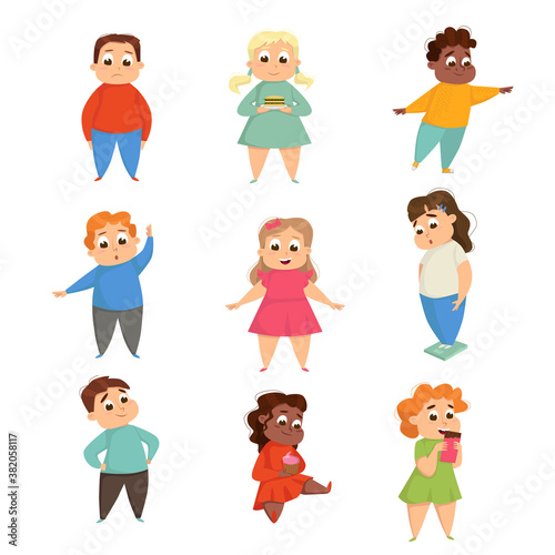 Overweight Girls and Boys, Cheerful Plump Kids Doing Sports Exercises and Eating Fast Food Cartoon Style Vector Illustration