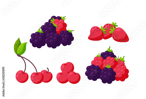 Set of berries isolated in white background. Strawberry, raspberry, cherry and blackberry for various designs. Vector illustration in cartoon style
