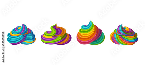 Swirled rainbow frosting for icecream and cupcakes. Tasty cream isolated in white background. Vector illustration in cute cartoon style