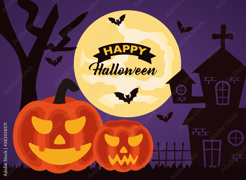 happy halloween celebration lettering with pumpkins and haunted castle happy halloween celebration lettering with pumpkins and haunted castle