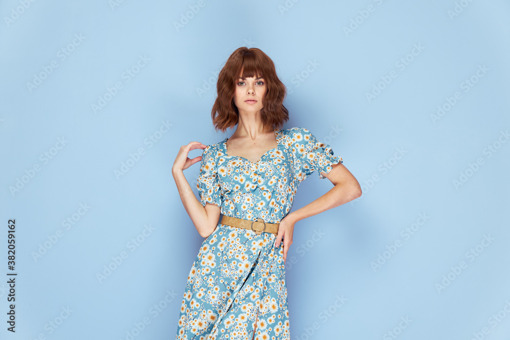 Pretty woman looking forward hand on the belt short hair Pretty woman looking forward hand on the belt short hair
