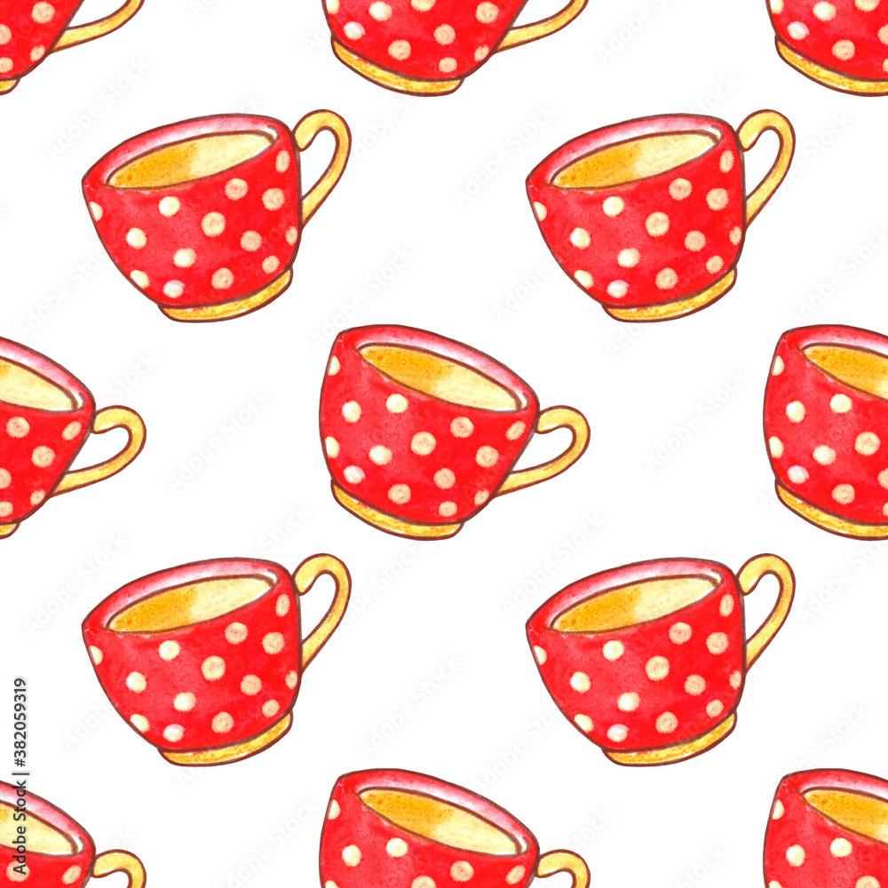 Seamless pattern with red polka dot cups. Watercolor Background and texture with Mugs from hot drink. Hand drawn kitchen supplies. Perfect for packaging, home decoration, textile, menu, cafe Seamless pattern with red polka dot cups. Watercolor Background and texture with Mugs from hot drink. Hand drawn kitchen supplies. Perfect for packaging, home decoration, textile, menu, cafe