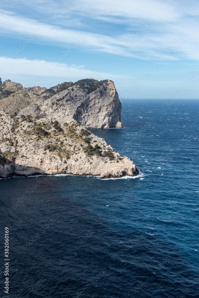Beautiful view over the water and mountains of Mirador Es Colomer, Cap de Formentor, Palma de Mallorca, Balearic Islands, Spain