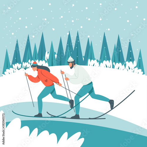 Ski in winter landscape. Winter activities. Landing page template. Cute illustration in flat style.