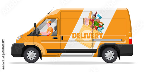 Van car full of food products. Shop and farm delivering service. Delivery and selling grocery products concept. Meat, milk, bread, vegetables. Cargo and logistic. Cartoon flat vector illustration
