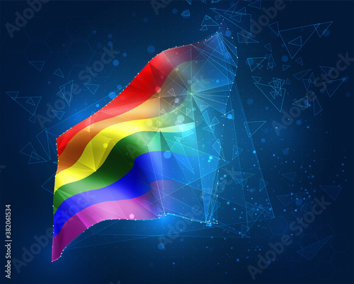 vector flag, virtual abstract 3D object from triangular polygons on a blue background