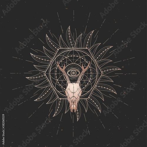 Vector illustration with hand drawn Roe deer skull and Sacred geometric symbol on black vintage background. Abstract mystic sign.