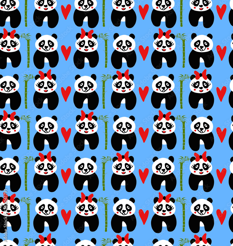 Obraz premium Abstract Cute Pandas and Hearts Repeating Children Pattern Isolated Background