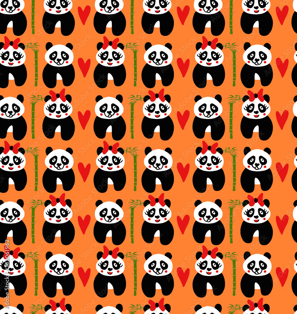 Fototapeta premium Abstract Cute Pandas and Hearts Repeating Children Pattern Isolated Background
