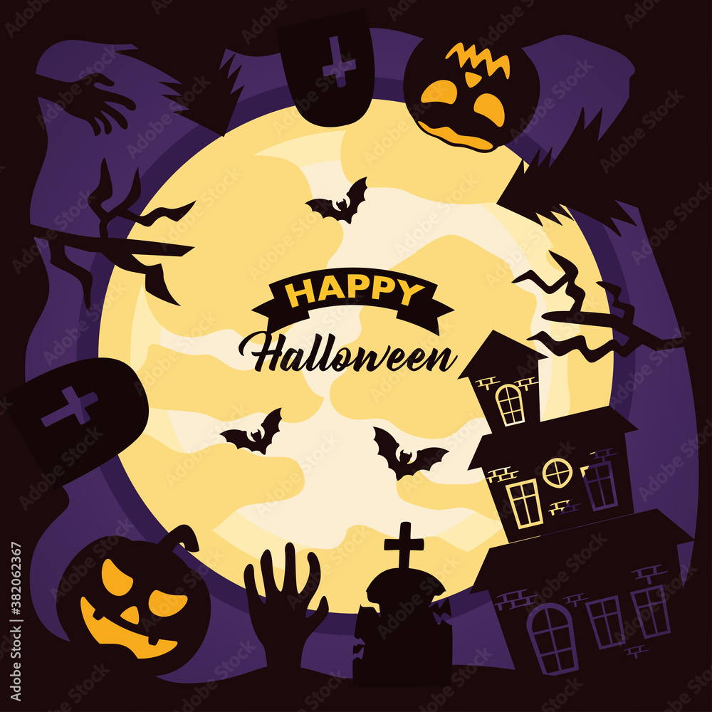 happy halloween celebration lettering with moon and cemetery scene