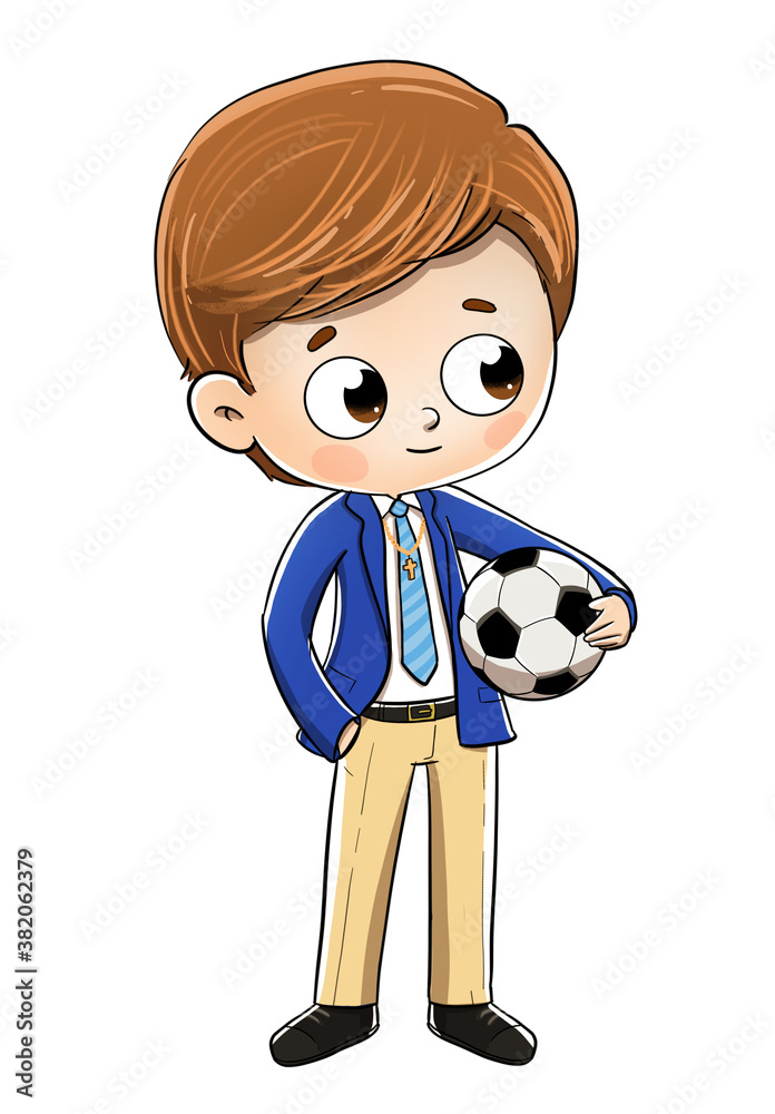Niño vestido de primera comunión con un balón de fútbol ilustración de  Stock | Adobe Stock