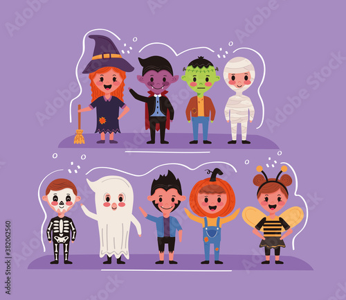 group of kids with halloween costumes characters