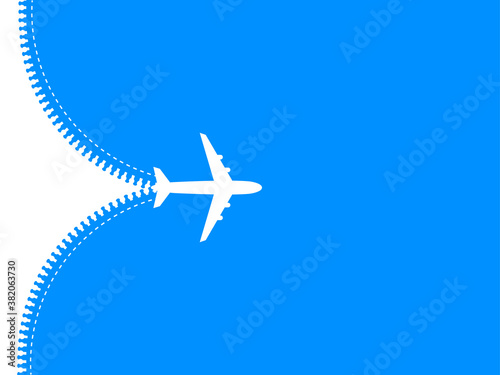 Plane fying on blue sky. Travel tourism transport concept. Passenger aircraft opened sky by zipper. Jet commercial plane. Airplane fly. EPS10.

