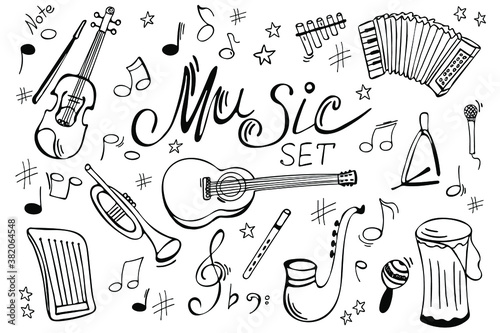 Doodle set of hand-drawn musical instruments. International Music Day. Vector illustration.