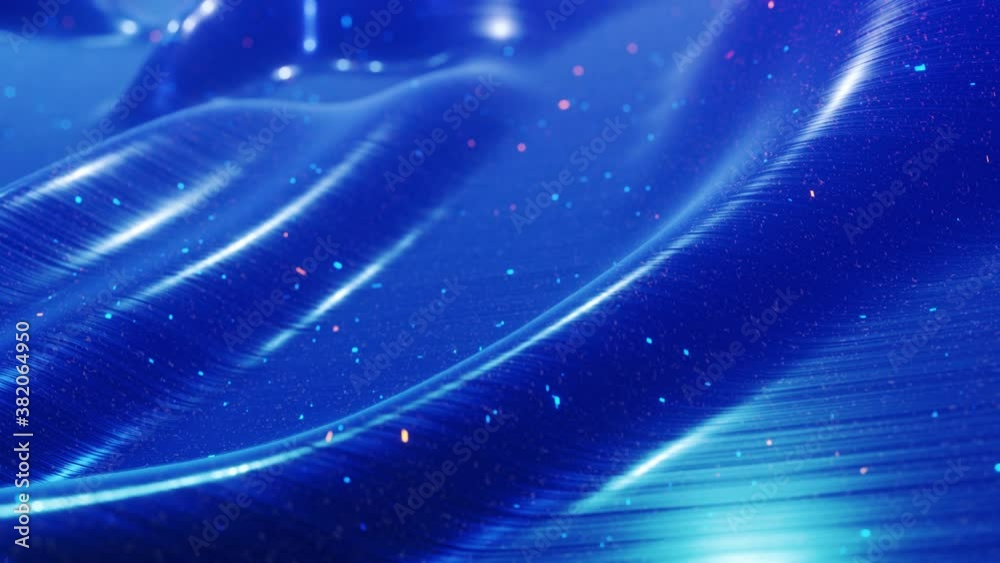 Stylish abstract blue surface as fantastical festive bg. Looped background, waves move on glossy surface like landscape made of liquid blue wax with sparkles. Beautiful soft bg with smooth animatin 4k