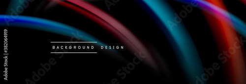 Dynamic motion abstract background. Color blurred stripes on black. Wave liquid lines poster. Vector illustration