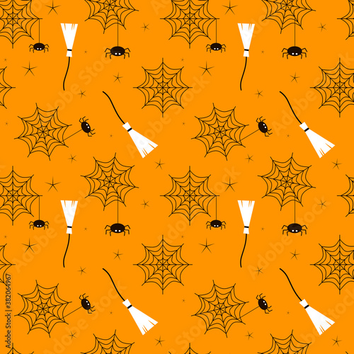 Flat vector illustration. Halloween seamless pattern with cobwebs, spiders, brooms. Use for internet, notepad, background, paper