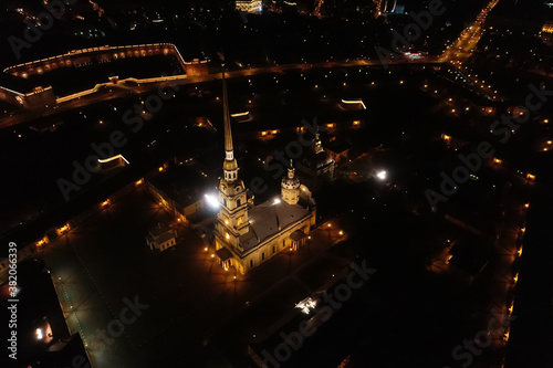 Aerial Townscape of Saint Petersburg City at Night. Peter Pavels Fortress