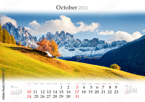 Calendar October 2021, B3 size. Set of calendars with amazing landscapes. Impressive view of Santa Maddalena village hills in front of the Geisler or Odle Dolomites Group, Italy, Europe.