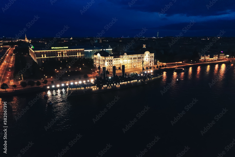 Obraz premium Aerial Townscape of Saint Petersburg City at Night. Kalininsky District