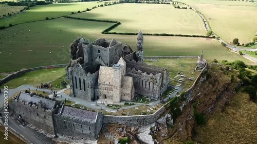 Flight around the ruins of the Rock of Cashel in Ireland drone slowly flight